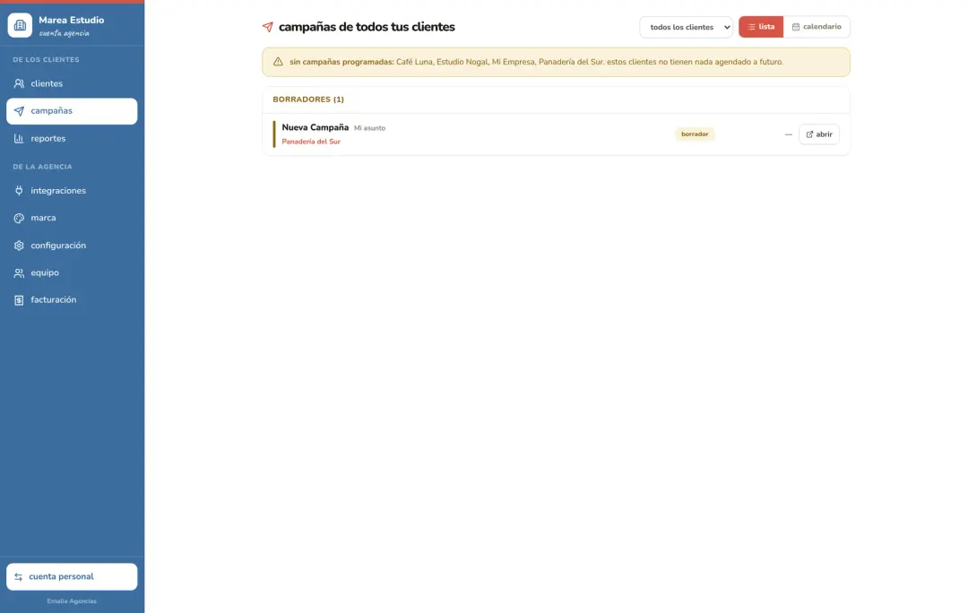 Campañas de todos tus clientes en Emalia Agencias