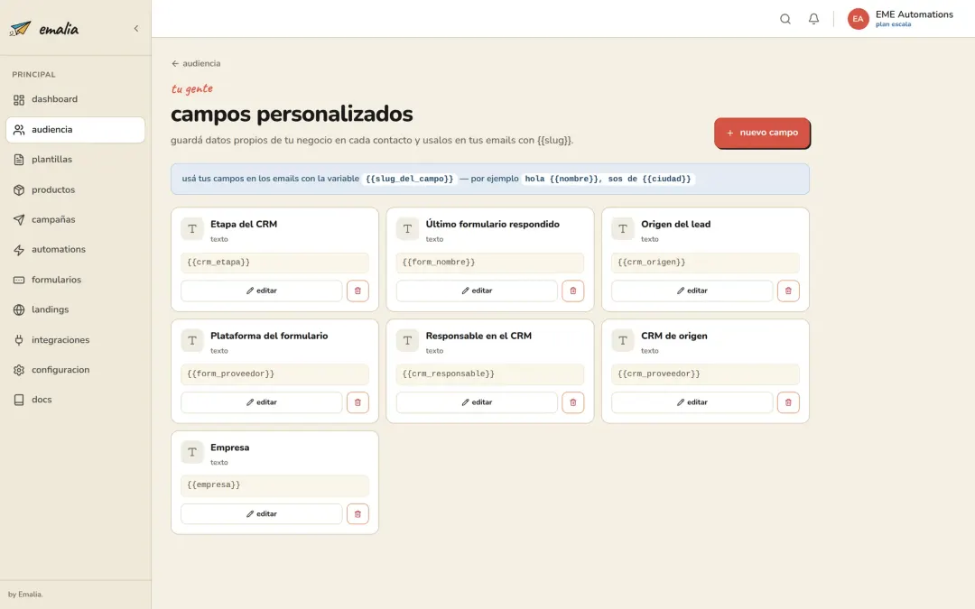 Campos personalizados en Emalia: cómo crearlos y usarlos