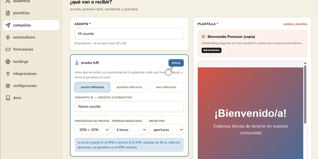 Campaña con prueba A/B