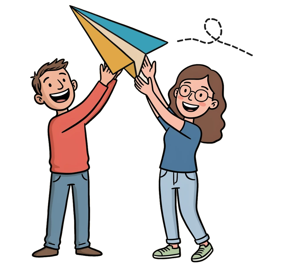 Héctor y Emma, de Emalia, lanzan juntos un avión de papel como el del logo