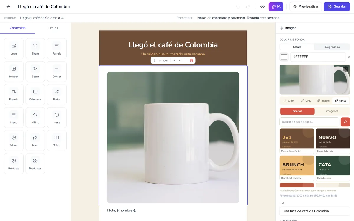 los diseños de Canva, adentro del editor de Emalia