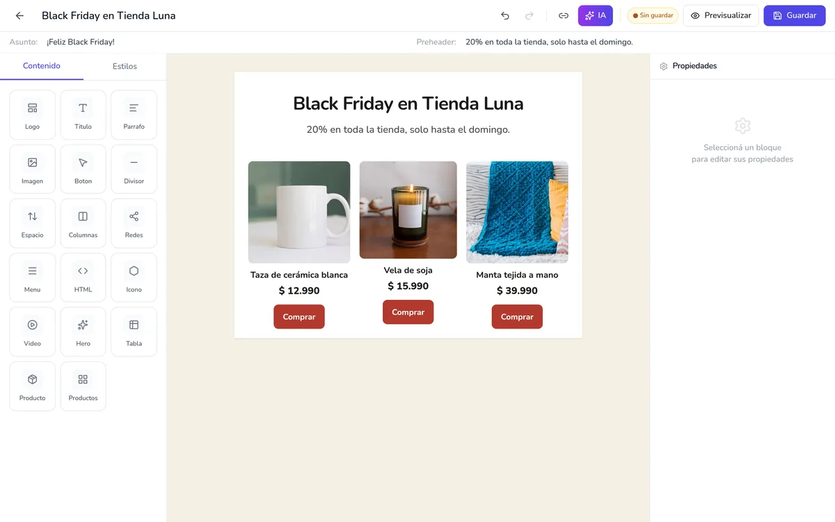 un email con tres productos de la tienda, en el editor de Emalia